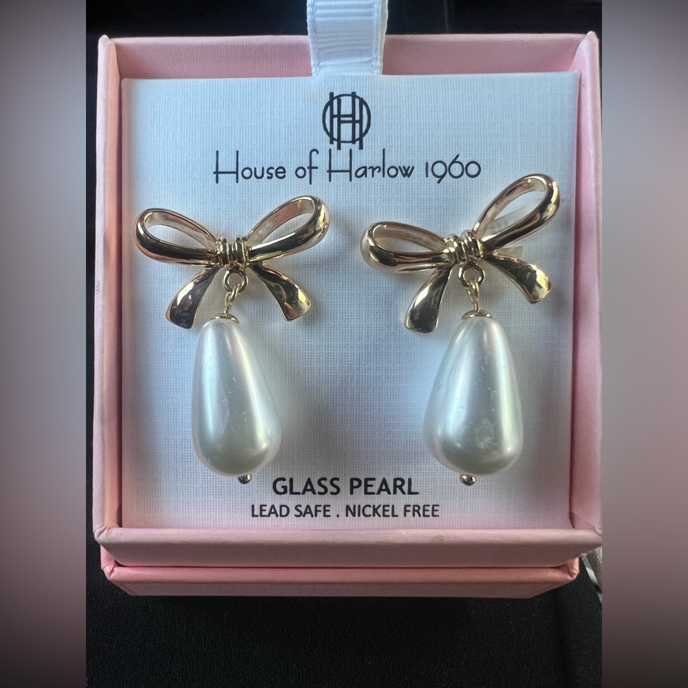 House of Harlow 1960 Gold Bow Earrings with Glass Pearl